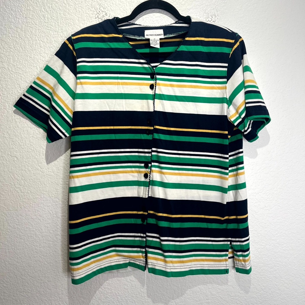 Vintage Alfred Dunner Top Women Medium Multicolor Striped Side Slit Button Front
